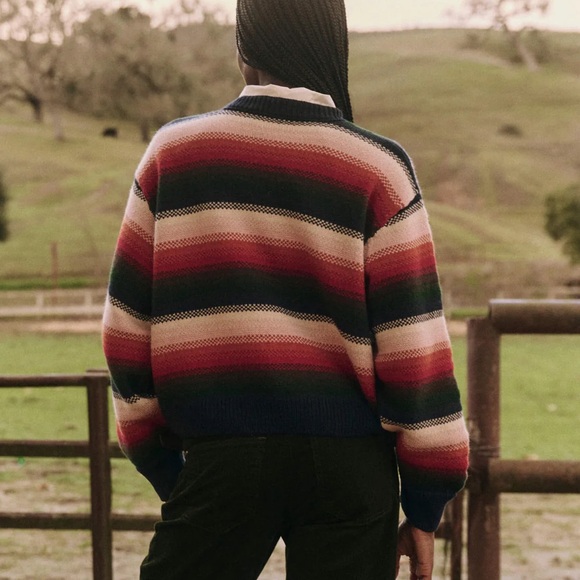 THE GREAT. Striped Crew Neck Sweater in Navy Red Green Cream - Picture 3 of 10